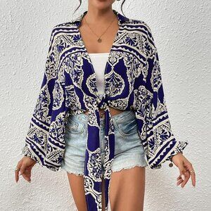 Eddoyee Women's Size Large Deep V-Neck Tie Front Knot Wrap Lantern Sleeve Top